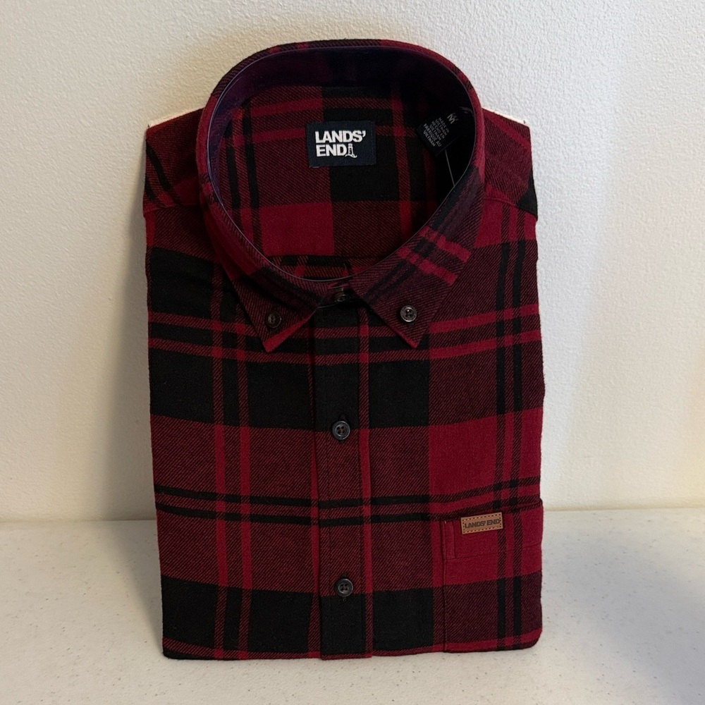 Lands' End Men's Plaid Button-Down Shirt - Red and Black